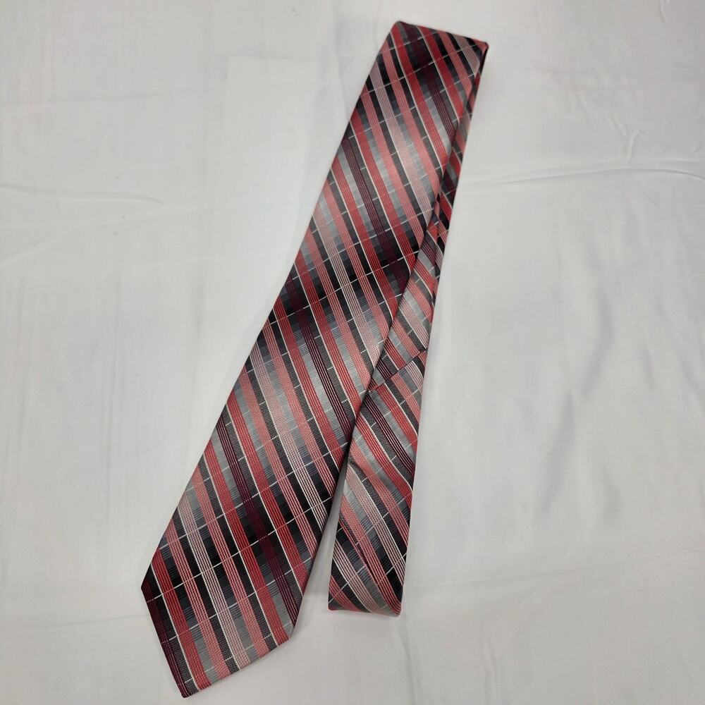 Van Heusen 100% Silk Tie Red Gray Black Diagonal Striped Geometric Necktie